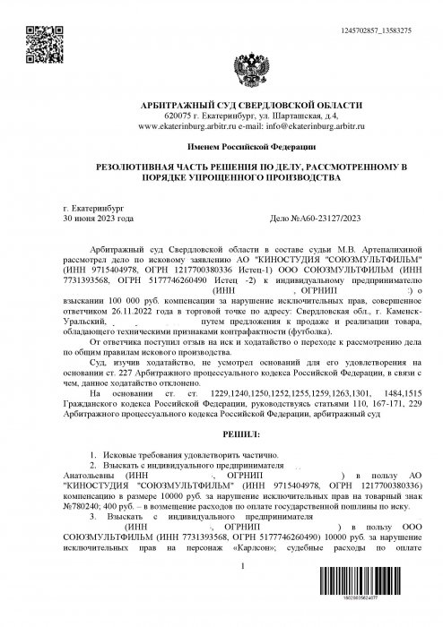 Нарушение исключительных прав на персонаж «Карлсон»